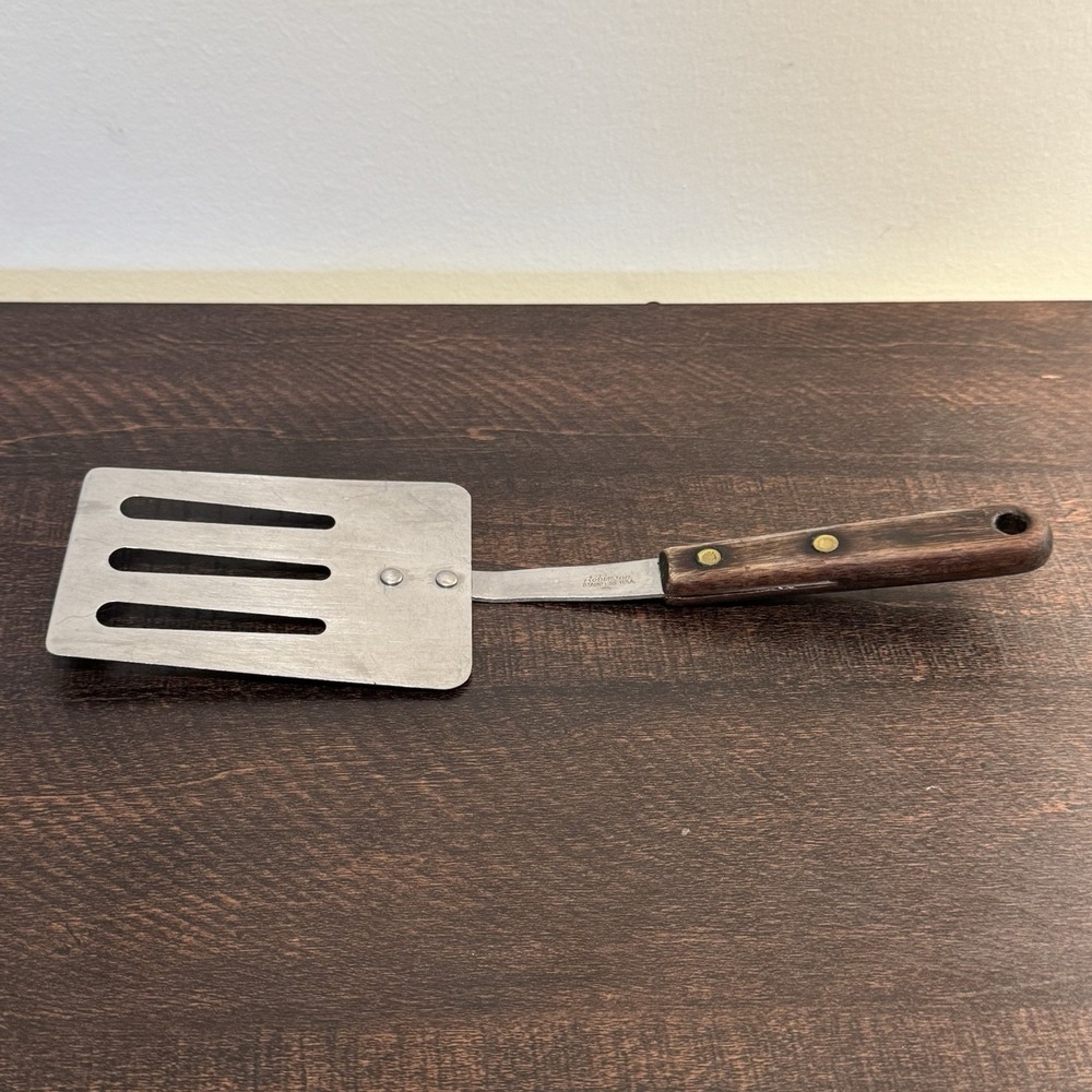 Vintage Robinson Stainless Steel Slotted Spatula Wooden Handle 11" USA